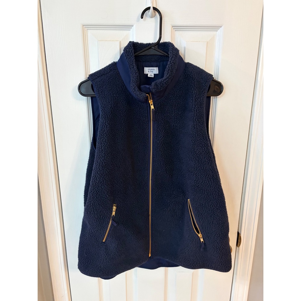 Crown & Ivy Sherpa Fleece Vest Womens XL Navy Blue Full Zip Gold Hardware Mock